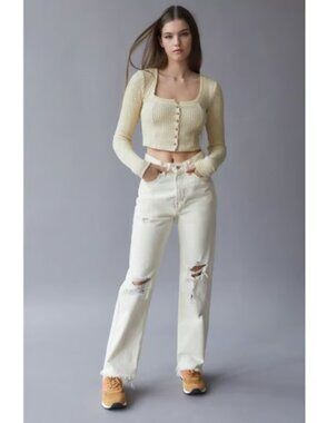 BDG Women's Size 26 Ivory High Waisted Destroyed Straight Leg Denim Cowboy Jean